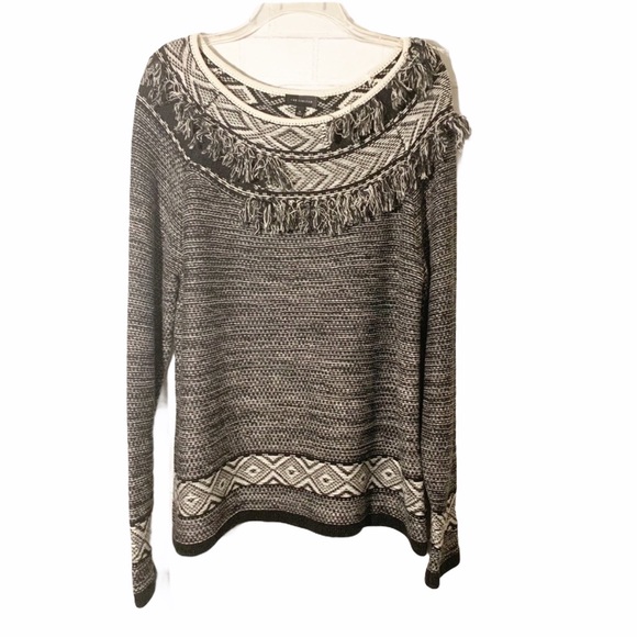 The Limited Sweaters - The Limited Black and White Aztec Fringe Sweater